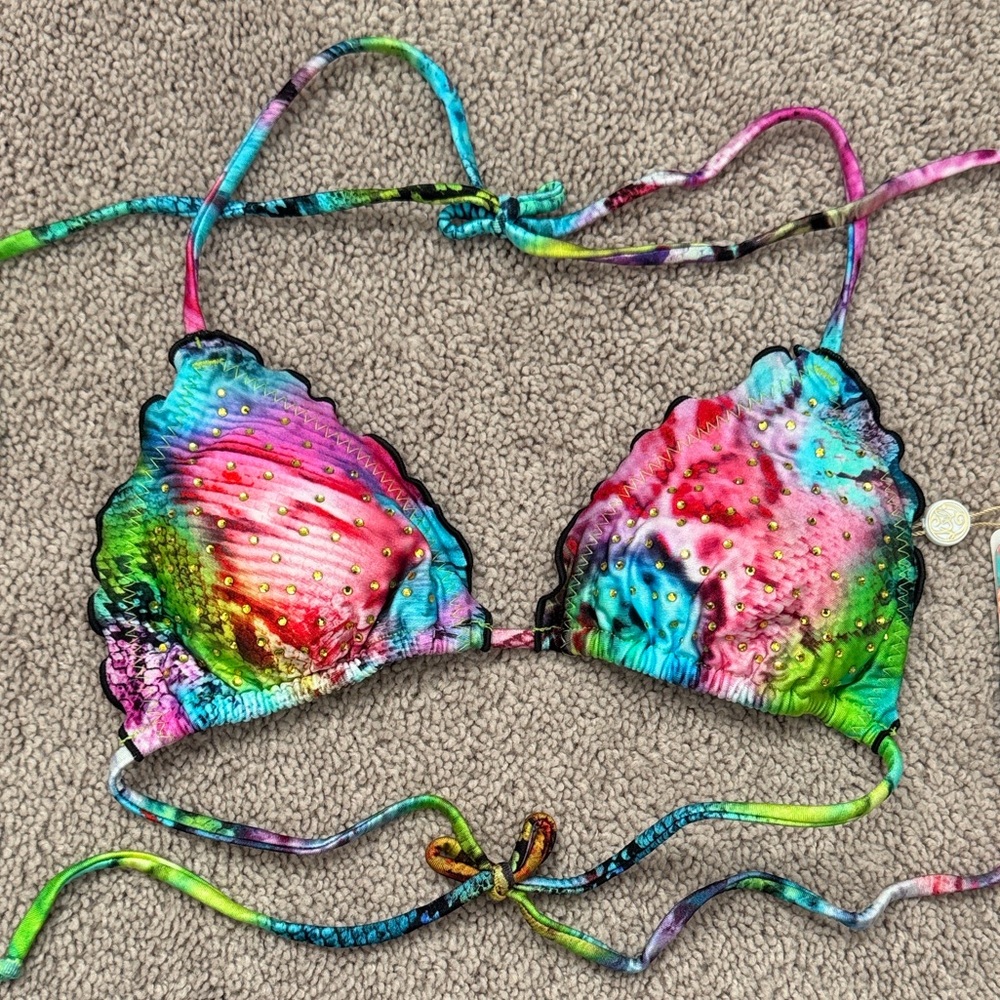 Luli Fama Sea Salt Angel Crystallized Wavey Triangle Bikini Top Size XS